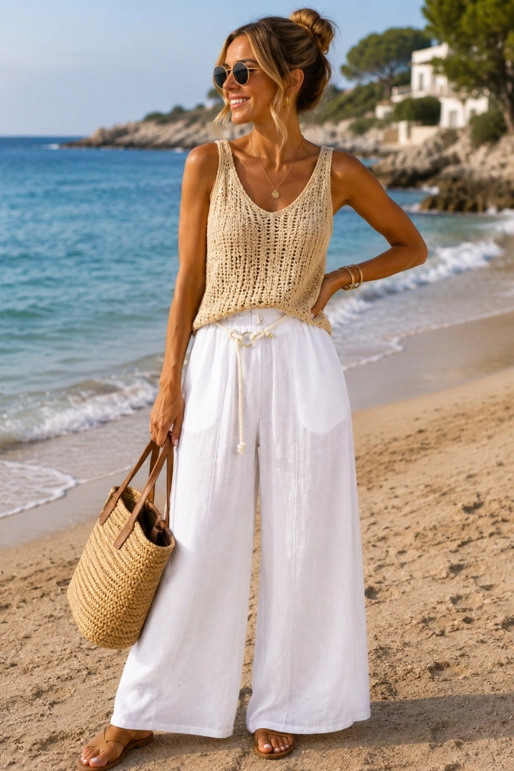 Lniane spodnie damskie wide leg białe casual Piazzatorre