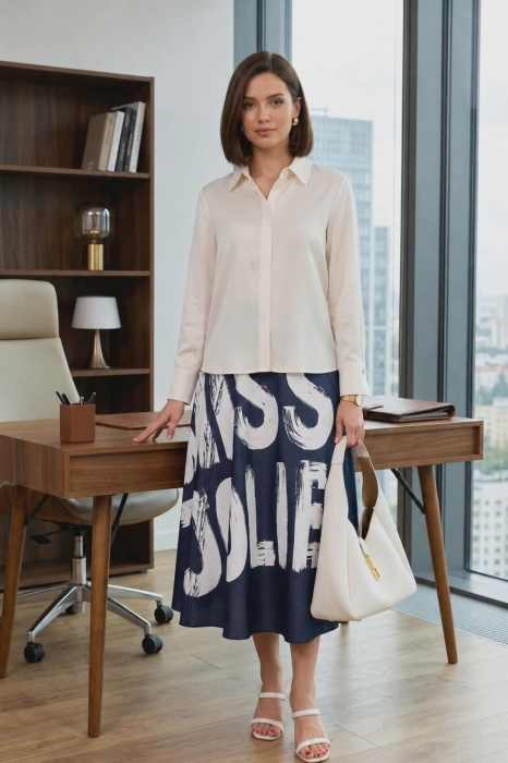 Spódnica midi jeansowa dark denim blue z kopertowym przodem i napisami Pastinella