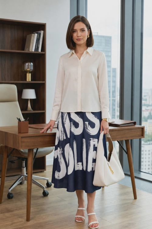 Spódnica midi jeansowa dark denim blue z kopertowym przodem i napisami Pastinella