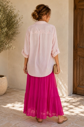Pudroworóżowa koszula damska na guziki z podpinanymi rękawami Ponteranica
