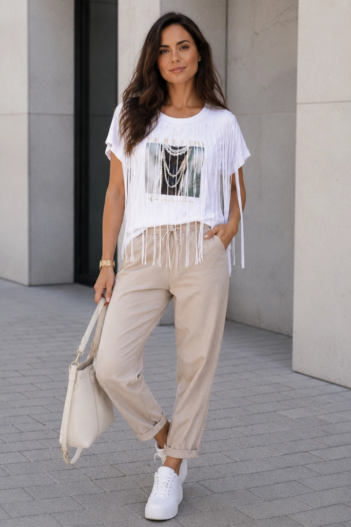 Bluzka damska biała oversize z frędzlami i nadrukiem t-shirt boho Faognano