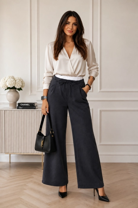 Spodnie damskie wide leg grafitowe eleganckie z wysokim stanem i gumką w pasie styl premium