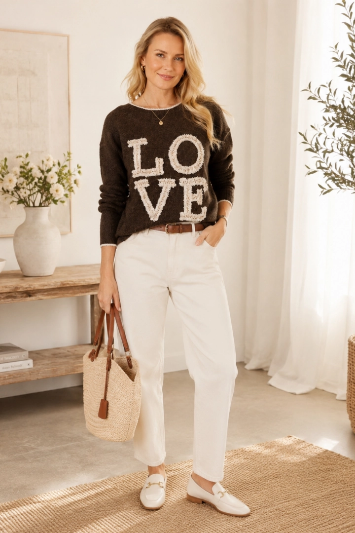 Brązowy sweter damski z napisem LOVE i kokardkami na plecach Cerqueto