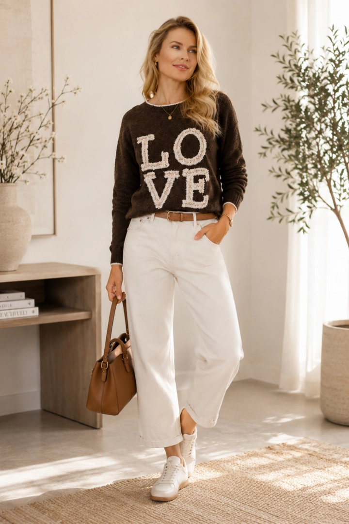 Sweter damski brązowy z napisem LOVE i aplikacją Cerqueto