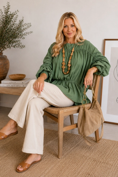 Bluzka damska oversize khaki z gumką i falbanką Aquilone