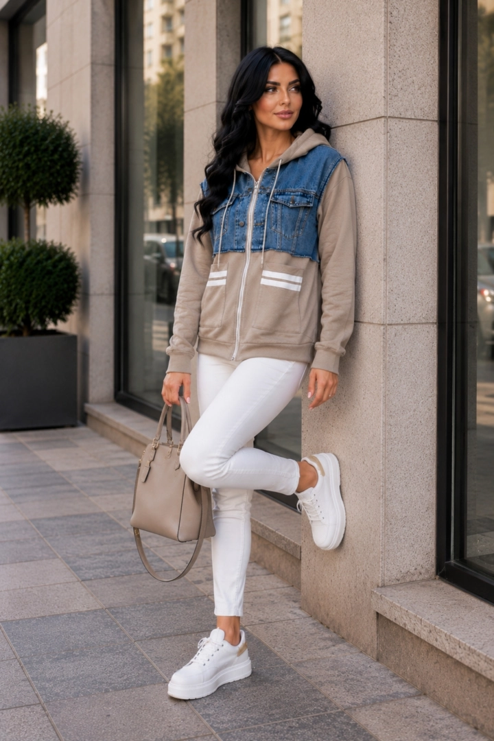 Bluza oversize fango z kapturem i ozdobnymi jeansowymi elementami Roversano