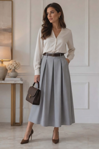 Szara spódnica midi z zakładkami elegancka Ciconia