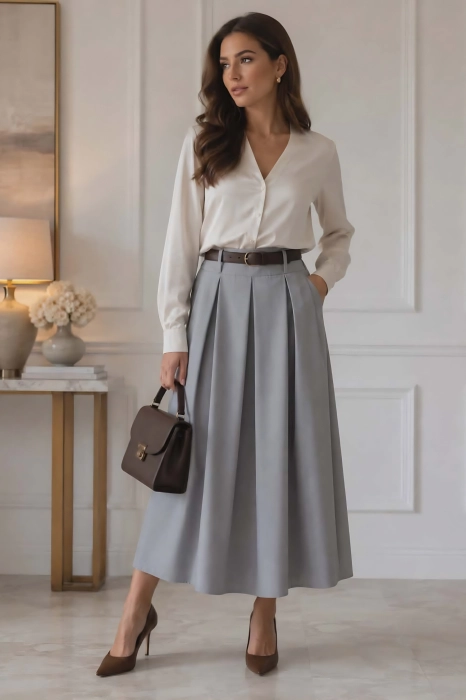 Szara spódnica midi z zakładkami elegancka Ciconia