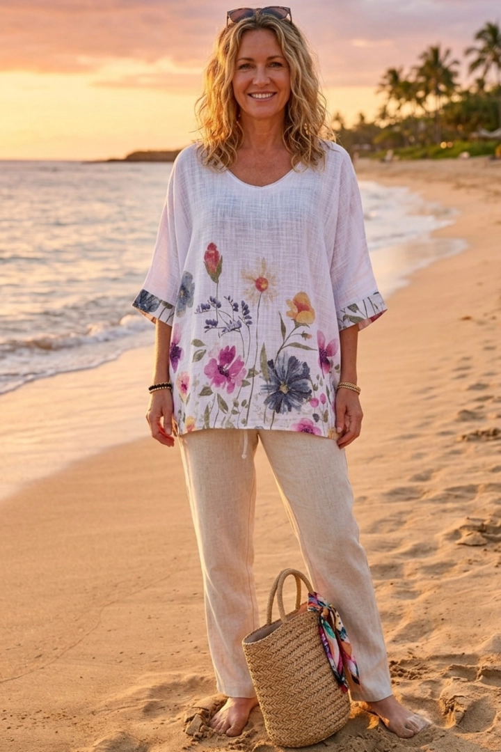 Bluzka damska biała bawełniana mega oversize dekolt V rękaw kimono w kwiaty Serina