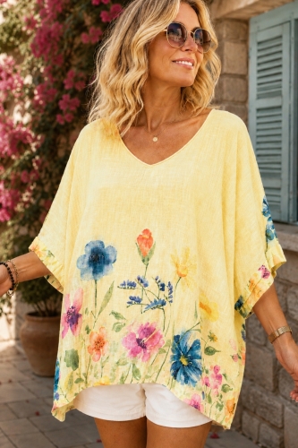 Bluzka damska pastelowa żółta bawełniana mega oversize z dekoltem V rękawem kimono w kwiaty Serina
