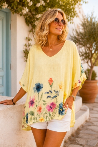 Bluzka damska pastelowa żółta bawełniana mega oversize dekolt V rękaw kimono w kwiaty Serina