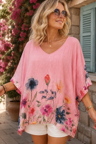 Bluzka damska różowa bawełniana mega oversize z dekoltem V rękawem kimono w kwiaty Serina