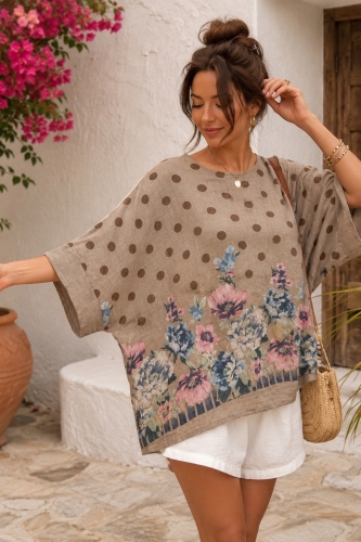 Bluzka damska fango mega oversize bawełniana z okrągłym dekoltem rękawem kimono w groszki i kwiaty Carrosio