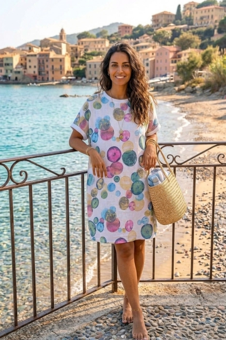 Biała lniana sukienka oversize midi w abstrakcyjne kolorowe grochy z rękawem kimono