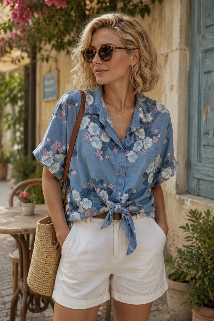 Koszula damska denim blue oversize z krótkim rękawem z cienkiego jeansu z kołnierzem zapinana na guziki w kwiaty Cassine