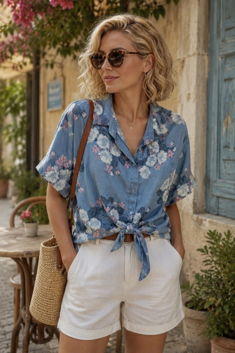 Koszula damska denim blue oversize z krótkim rękawem z cienkiego jeansu z kołnierzem zapinana na guziki w kwiaty Cassine