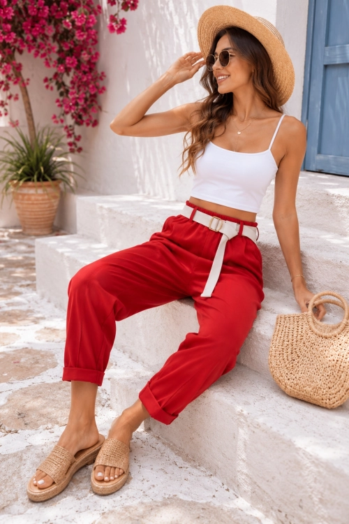 Czerwone spodnie damskie slim fit z wysokim stanem i kieszeniami Cereseto