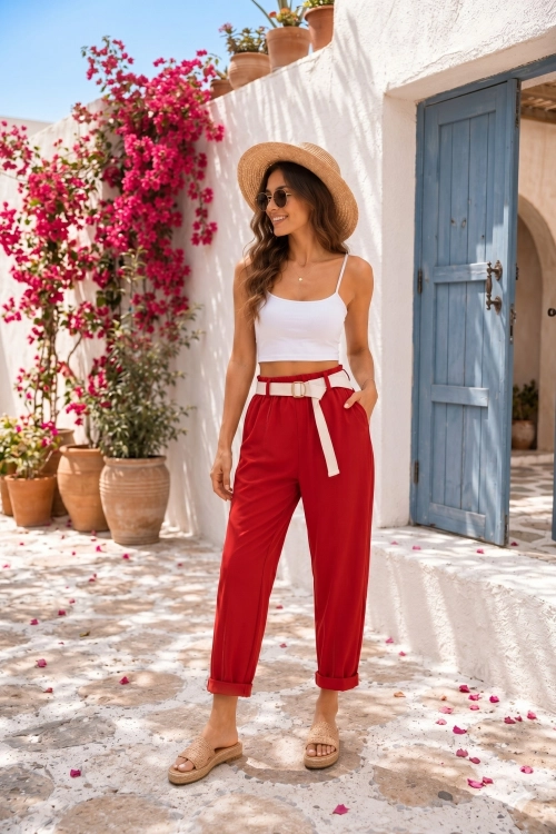 Spodnie slim fit czerwone na gumce w pasie z kieszeniami z przodu i z tyłu Cereseto