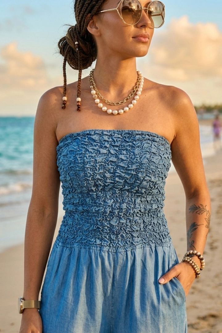 Kombinezon damski denim blue z cienkiego jeansu z marszczoną górą i szerokimi nogawkami wide leg prezentowany na plaży.