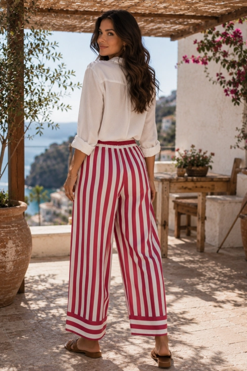 Czerwone spodnie wide leg w paski z wysokim stanem Frascaro