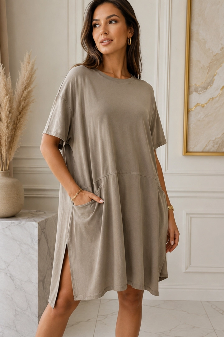 Tunika damska fango luźna oversize z kieszeniami casual plus size Marinello