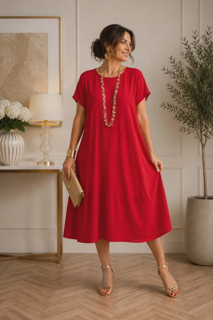 Sukienka midi oversize z krótkim rękawem okrągłym dekoltem i kieszeniami po bokach plus size Valdaora czerwona