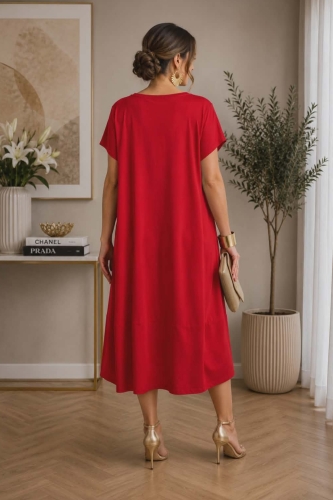 Sukienka damska czerwona oversize midi z bawełny z prostą linią