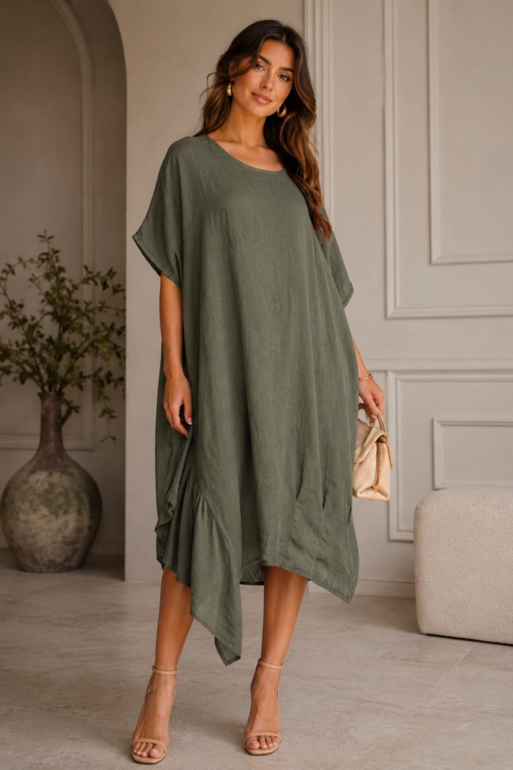 Lniana sukienka midi khaki mega oversize z falbaną na boku Moncestino