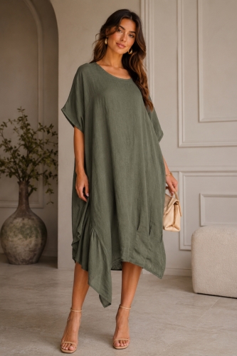 Lniana sukienka midi khaki mega oversize z falbaną na boku Moncestino