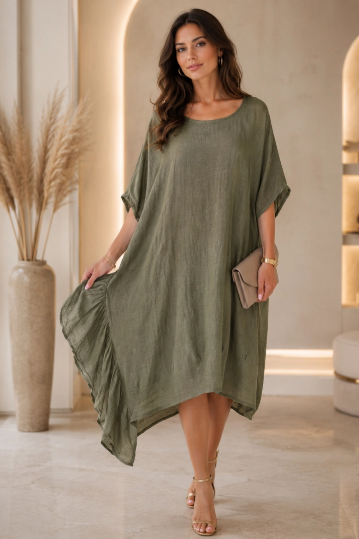Khaki sukienka mega oversize midi z marszczeniami Moncestino