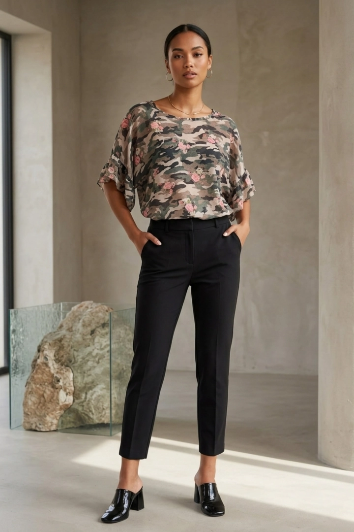 Bluzka damska moro floral asymetryczna z falbanką oversize Corsica