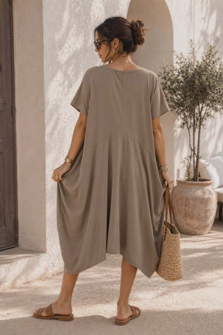 Sukienka midi taupe luźna oversize z kieszeniami lekka Querciolare