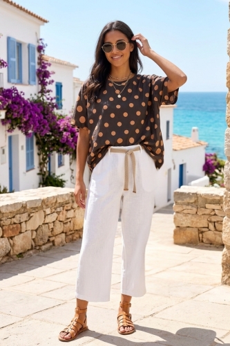 Bluzka damska oversize w groszki brązowa polka dots z krótkim rękawem prezentuje luźny krój i lekki materiał