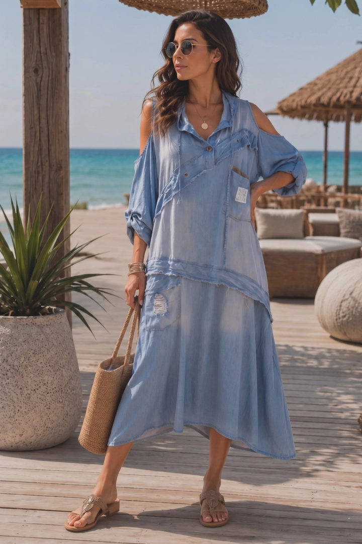 Sukienka midi błękitna oversize z kapturem i wycięciami na ramionach styl slow fashion Monteliscai
