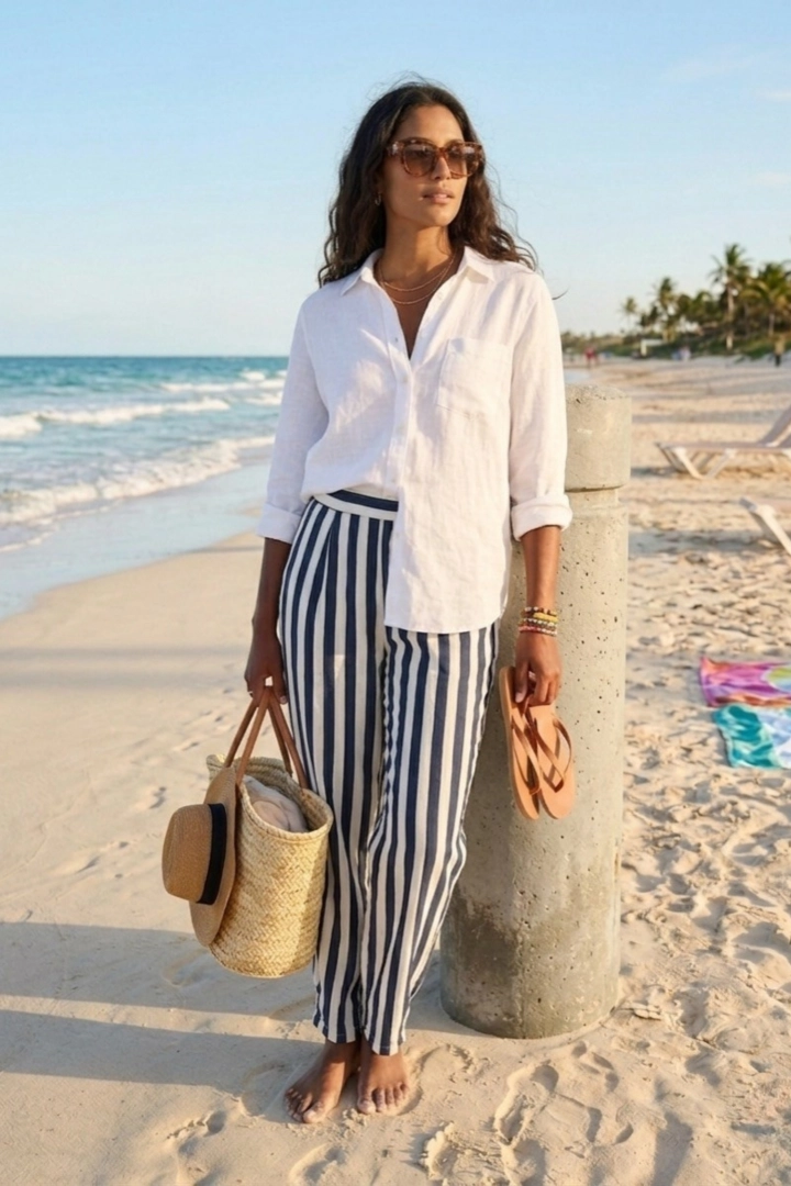 Spodnie damskie marine w paski granatowe z gumką w pasie dopasowują się do talii