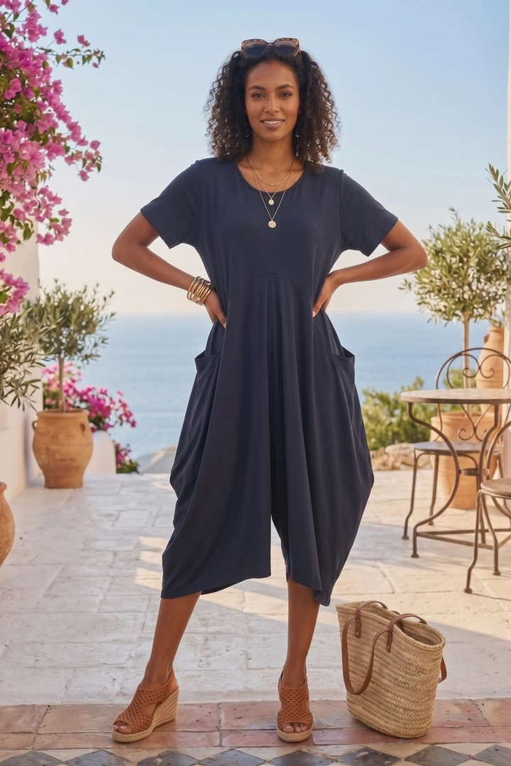 Kombinezon granatowy oversize z drapowaniem i miękkiej tkaniny styl slow fashion Malamerenda