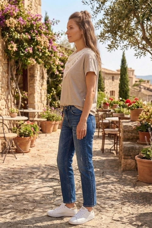 T shirt beżowy damski z apaszką w komplecie Gamalero basic