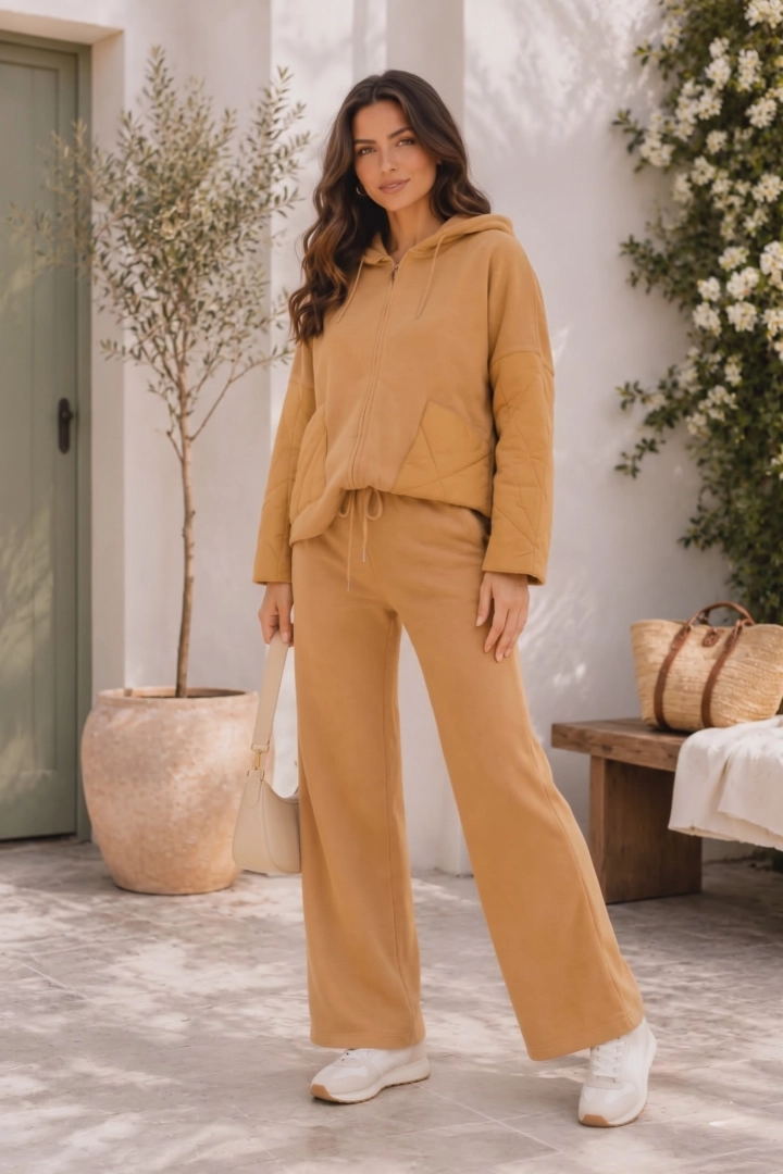 Komplet damski camelowy Belgiardino bluza pikowana i spodnie wide leg