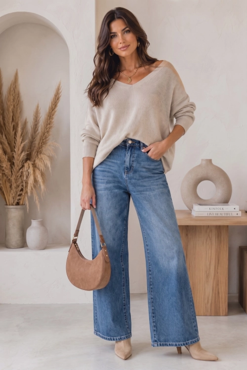 Jeansowe spodnie wide leg denim blue Belgiardino z kieszonką w serduszka
