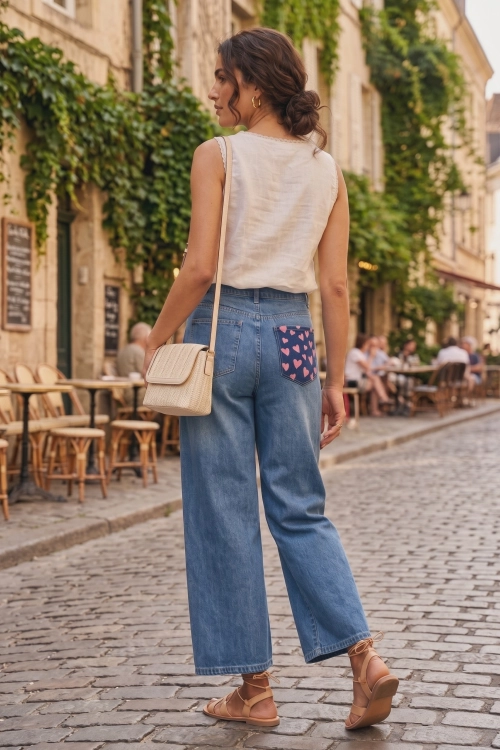 Spodnie wide leg denim blue z serduszkami Belgiardino jeans damskie