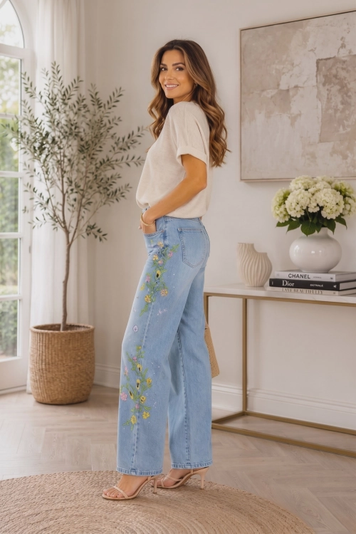 Jeansowe spodnie light denim blue z prostymi nogawkami kwiatowym haftem i błyszczącymi aplikacjami Coccaglio