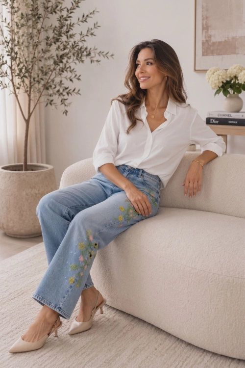 Spodnie damskie jeansowe light denim blue z haftem po bokach Coccaglio