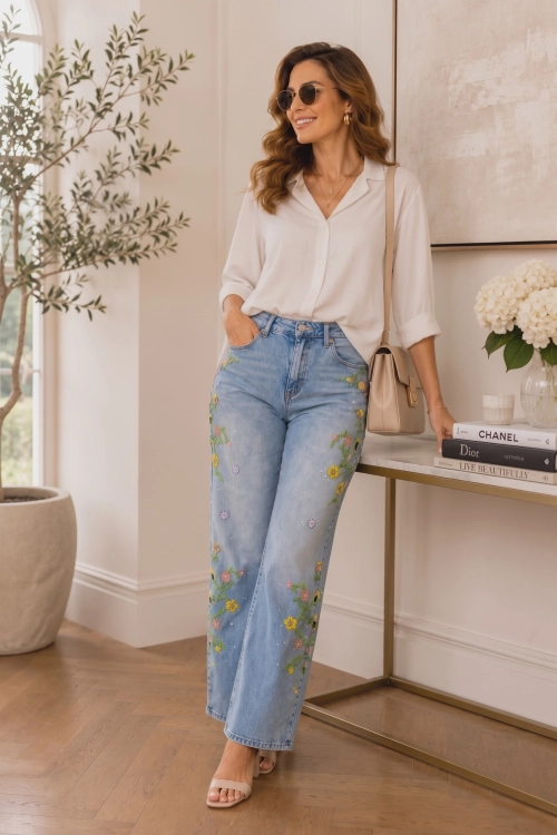 Light denim blue spodnie jeansowe z błyszczącymi aplikacjami i haftem Coccaglio