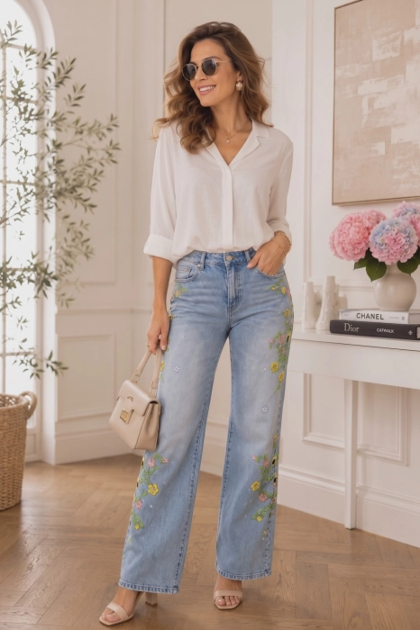 Spodnie jeansowe light denim blue z prostymi nogawkami kwiatowym haftem po bokach i błyszczącymi aplikacjami Coccaglio