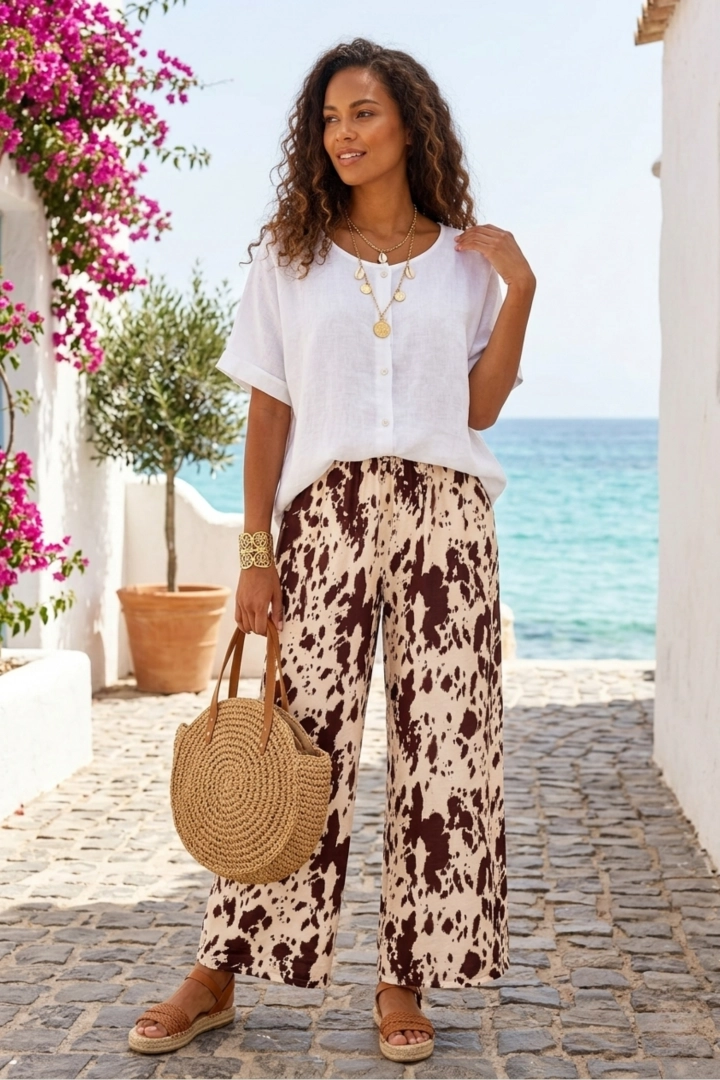 Spodnie wide leg beżowo-brązowe z gumką w pasie wysokim stanem w zwierzęcy print Collebeato