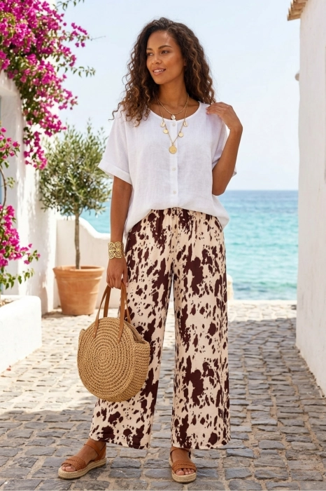 Spodnie wide leg beżowo-brązowe z gumką w pasie wysokim stanem w zwierzęcy print Collebeato