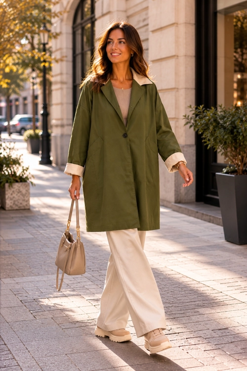 Płaszcz damski khaki oversize z eko skórą zapinany na guziki luźny krój z kieszeniami styl casual