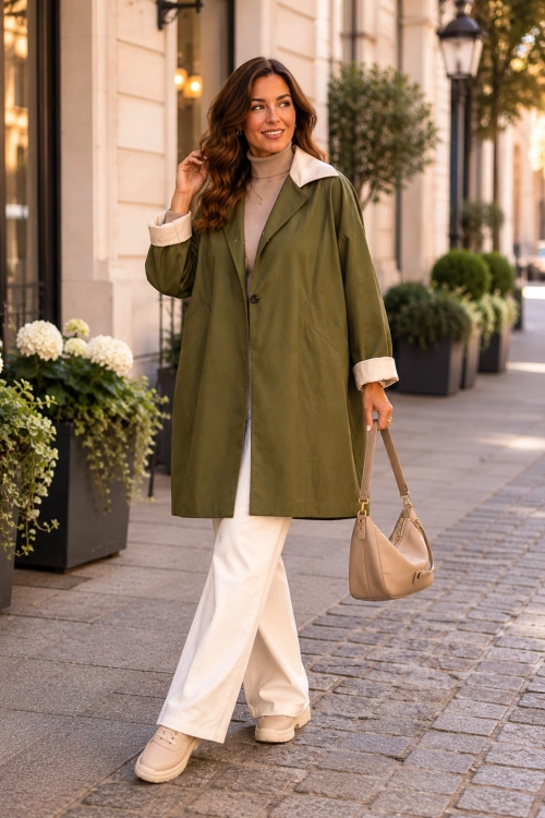 Płaszcz damski khaki z eko skóry oversize zapinany na guziki nowoczesny styl casual