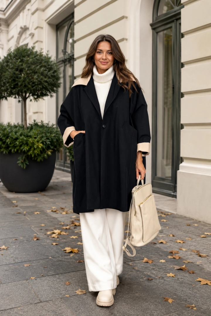 Płaszcz damski oversize czarny z kieszeniami i kontrastowymi detalami z eko skóry tworzy modny, casualowy look.