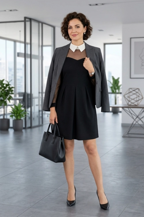 Sukienka czarna elegancka mini z tiulowymi rękawami i kołnierzem ecru styl formalny i wieczorowy